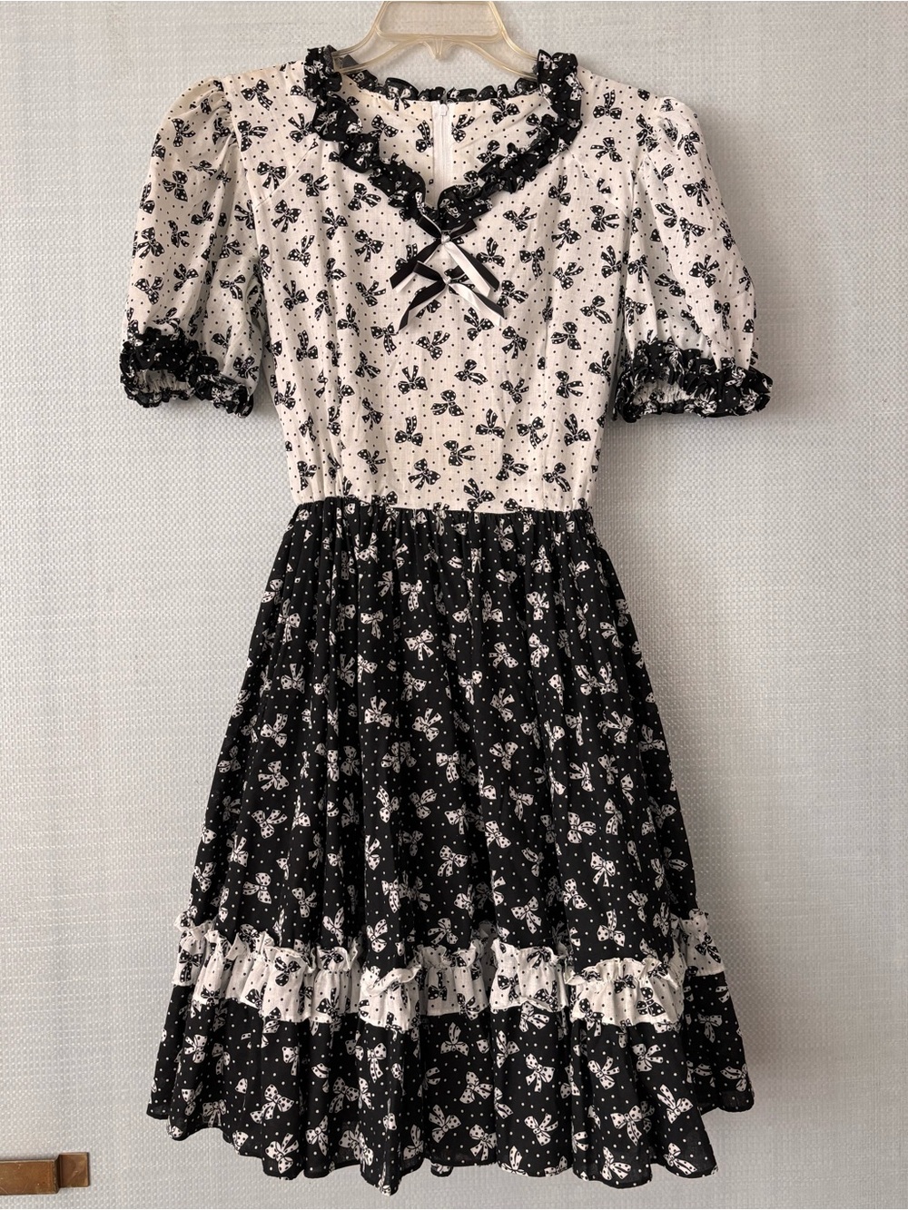 Jeri Bee Rockabilly Pin Up Dress Black White Bow Print Ruffle Puff Sleeve Sz 8